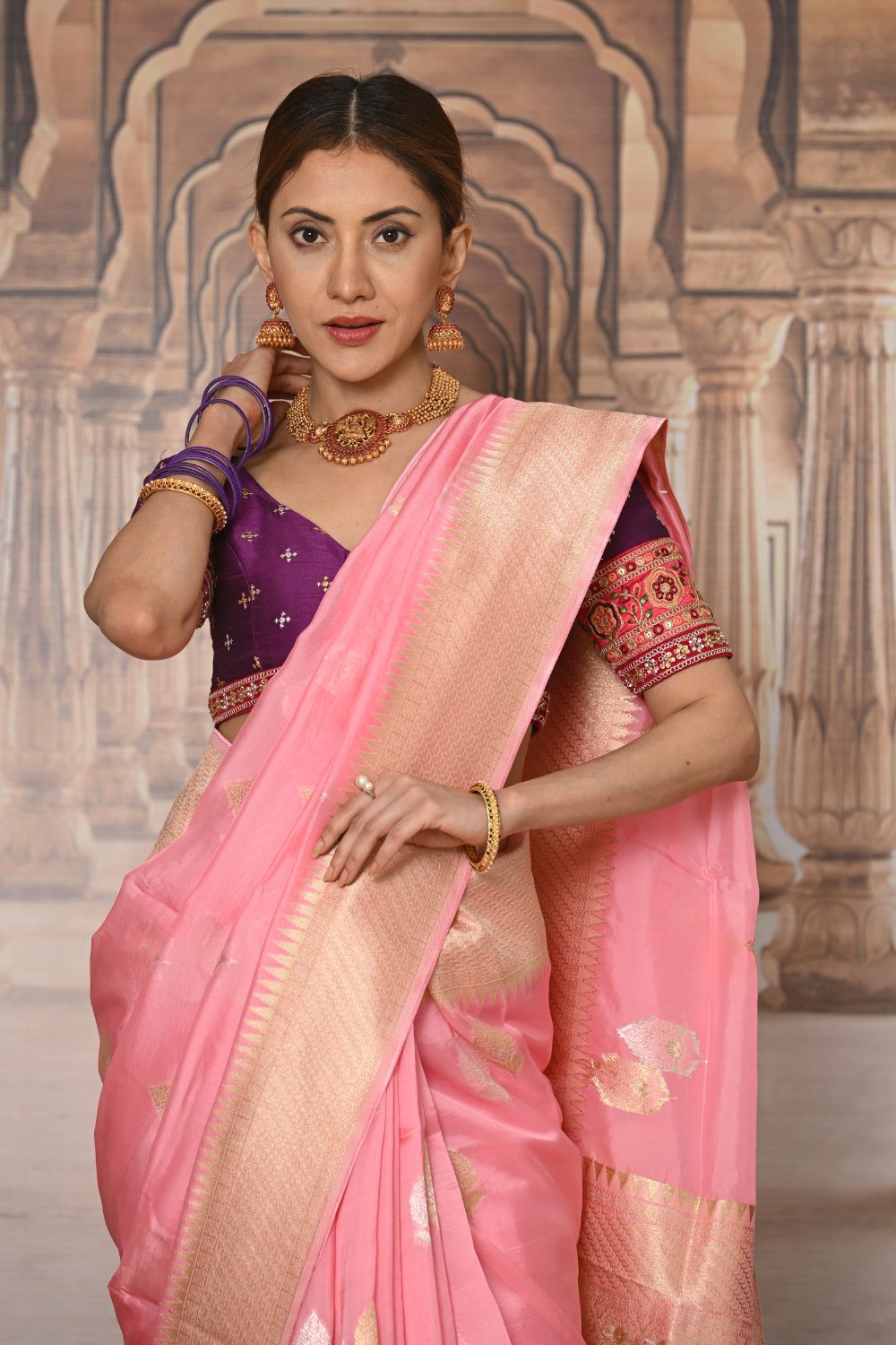 Buy Pink Silk Blend Saree Nitaraa
