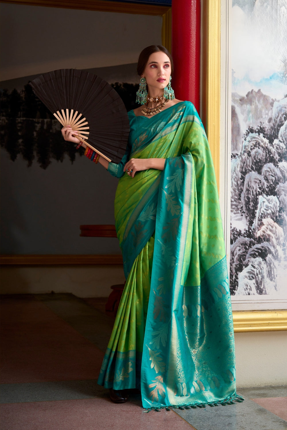 Majestic Lime Green Banarasi Linen Woven Silk Saree main image 0
