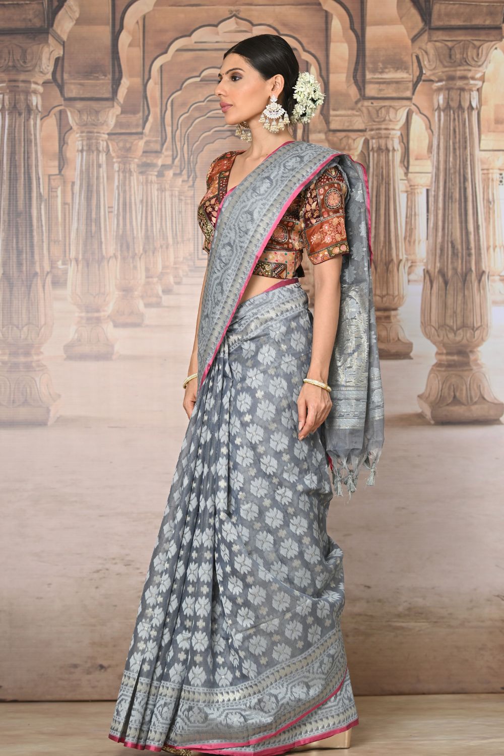 Buy Navy Blue and Cream Muga Cotton Saree Nitaraa
