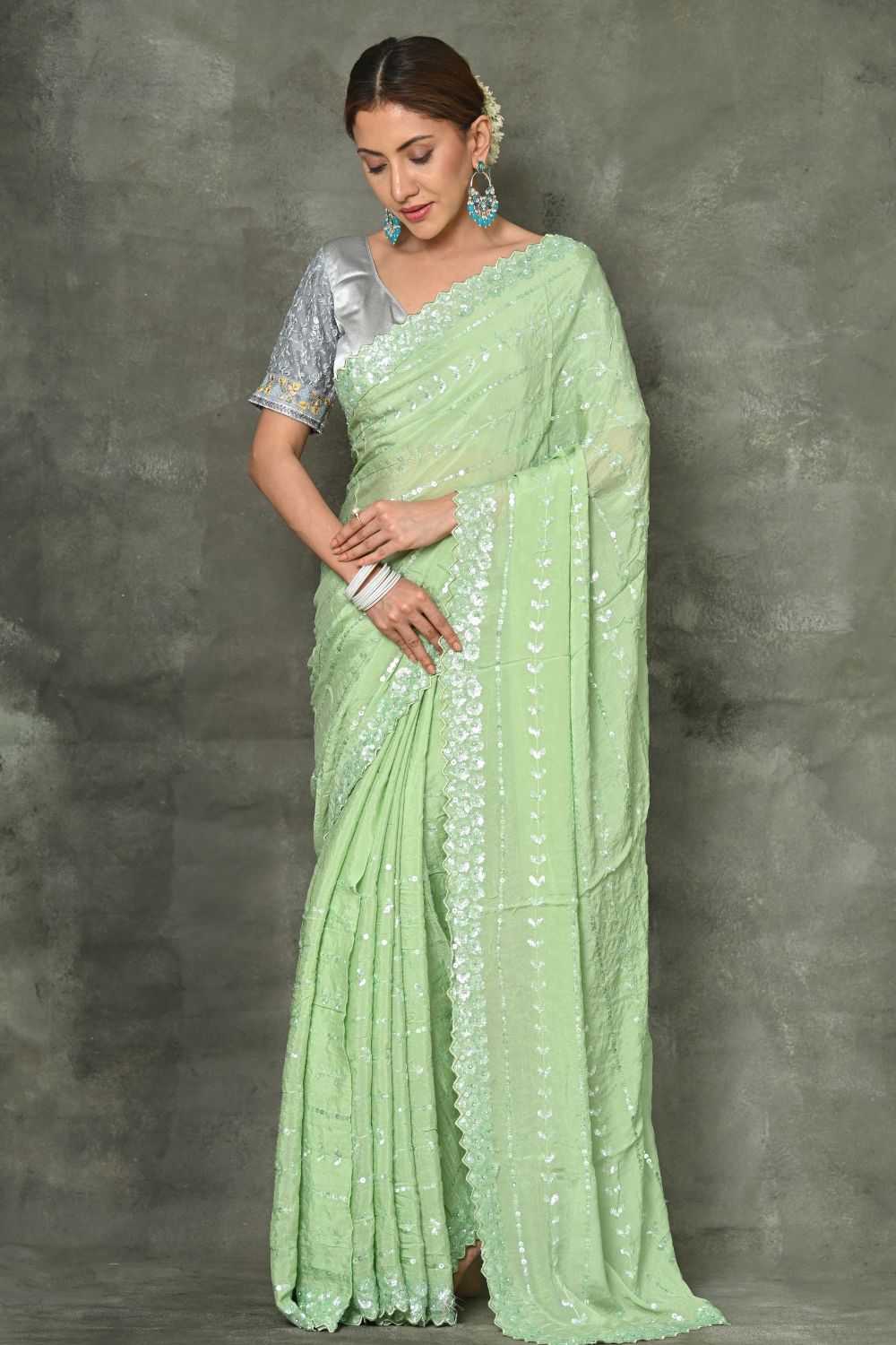 Buy Silver Grey Cotton Chikankari Saree Nitaraa