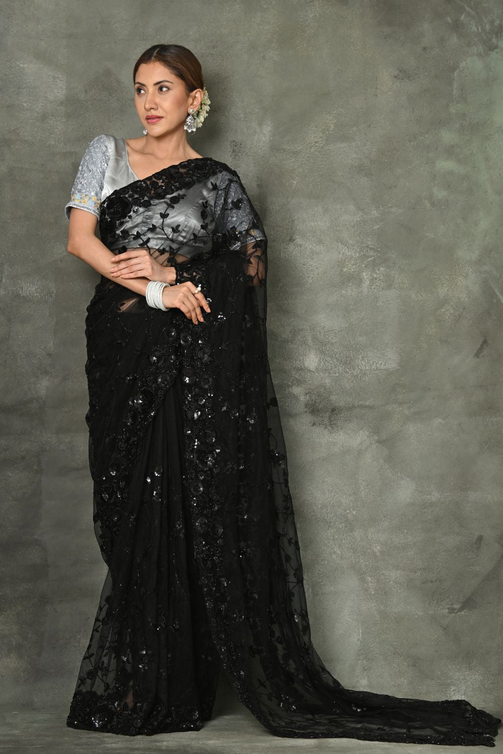 Buy Onion Pink Sequins Net Saree Nitaraa