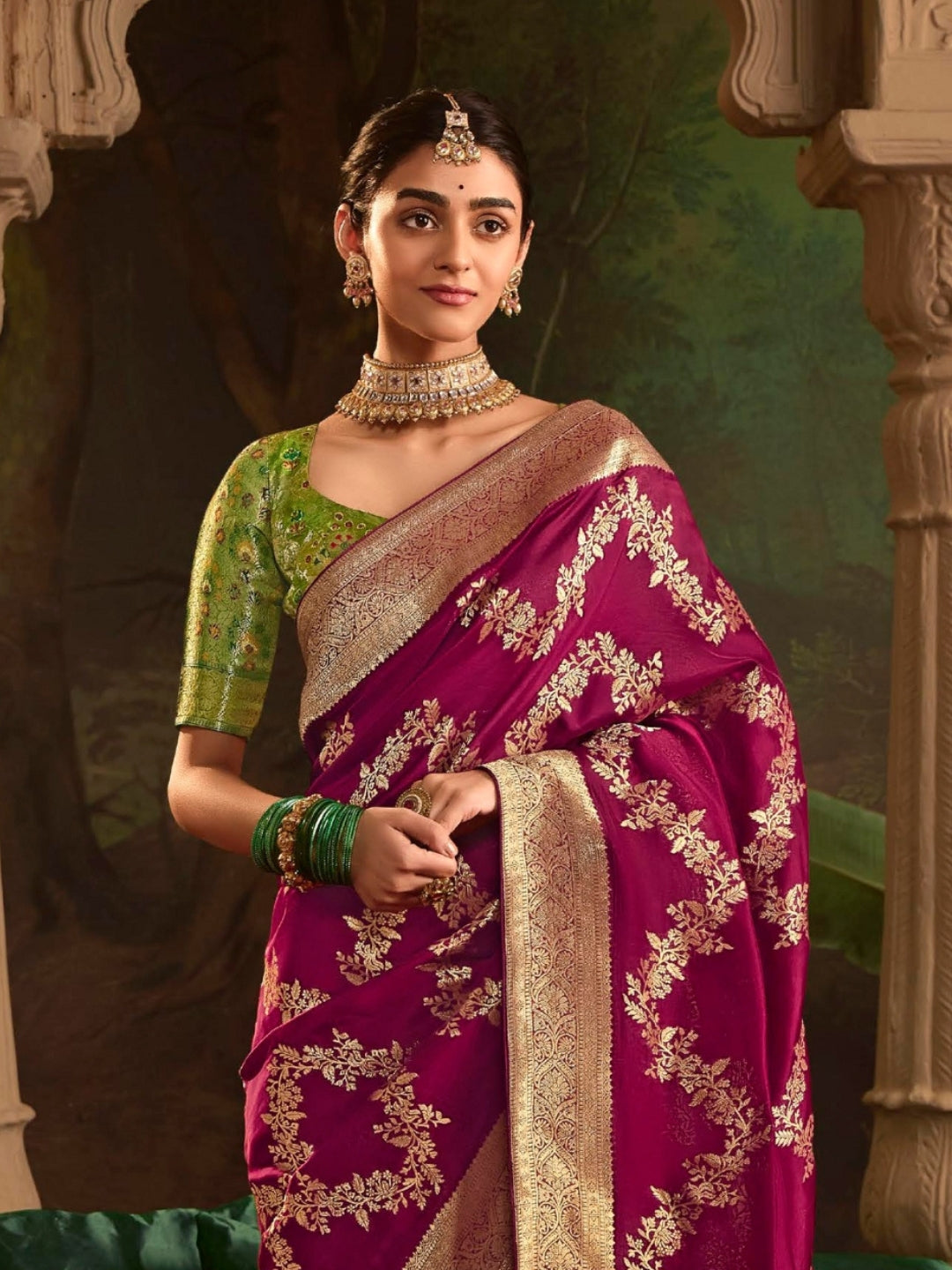 Wine Purple Crepe Dola Banarasi Saree