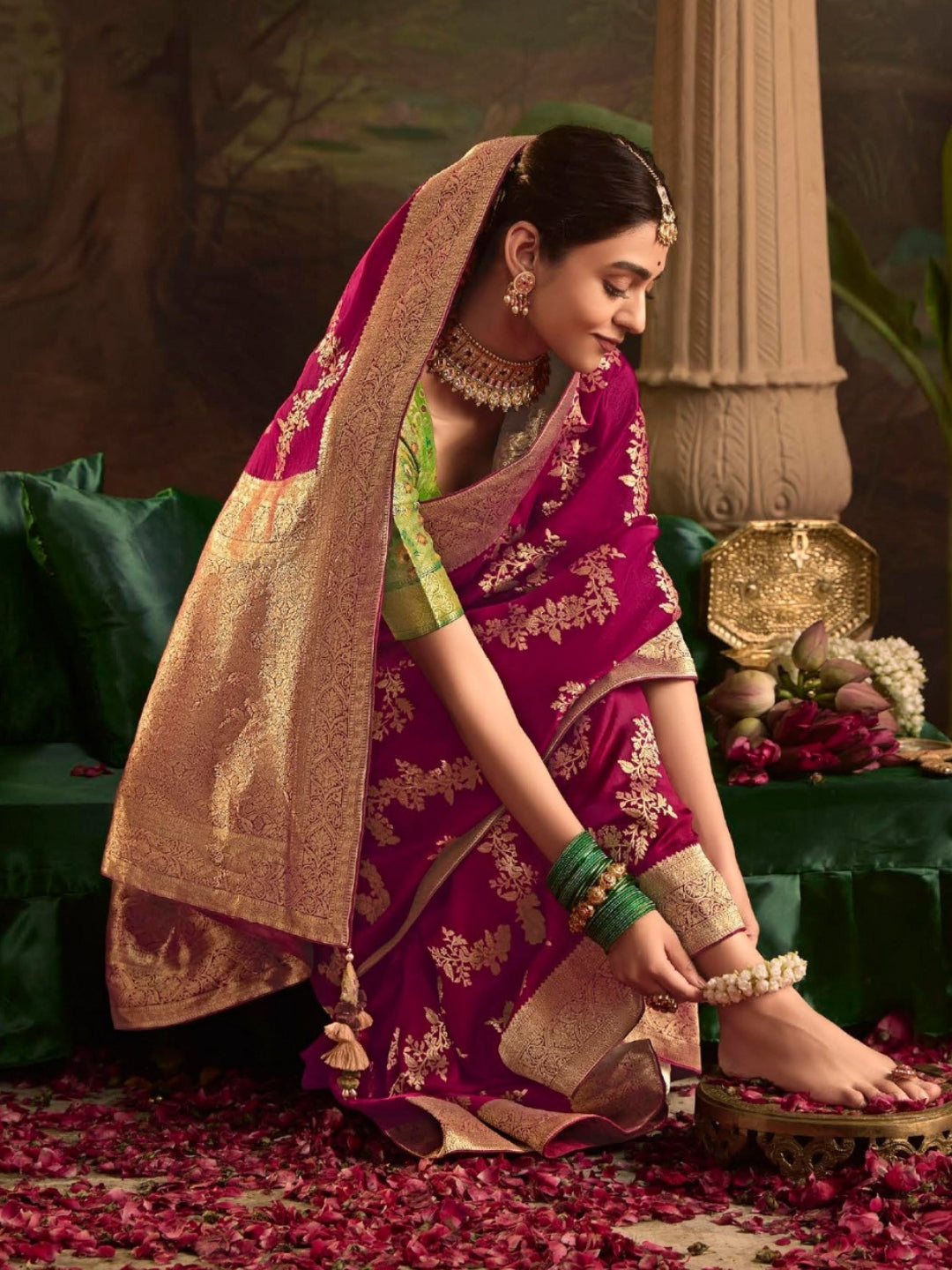 Wine Purple Crepe Dola Banarasi Saree