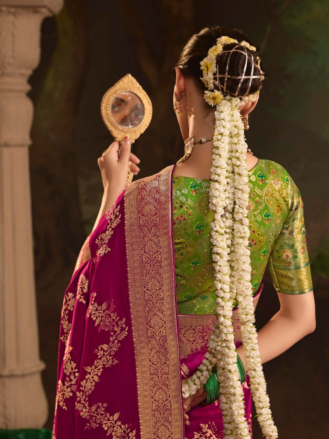 Wine Purple Crepe Dola Banarasi Saree