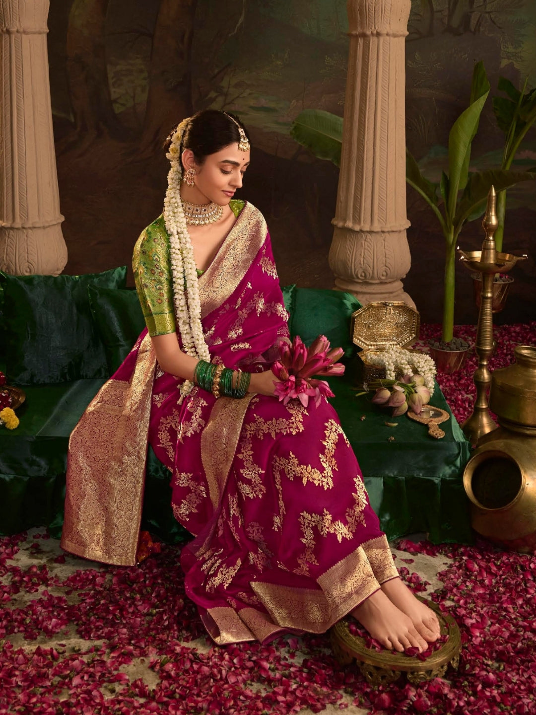 Wine Purple Crepe Dola Banarasi Saree