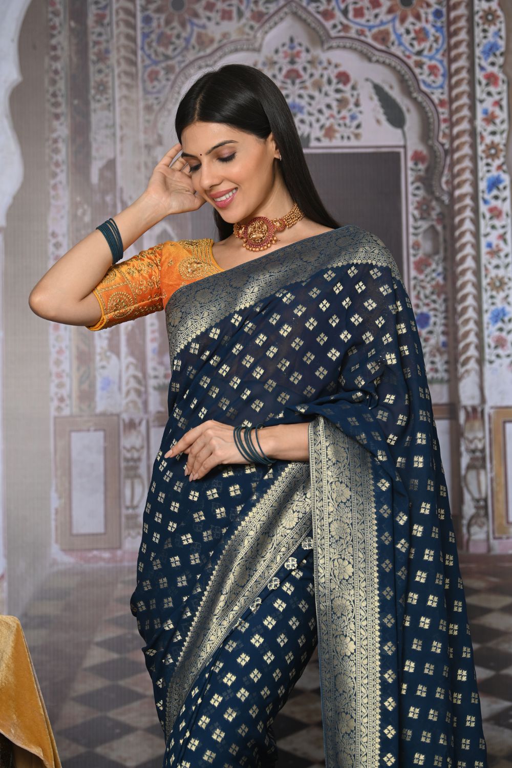 Buy Navy Blue Kashmiri Silk Saree With Blouse Piece Nitaraa