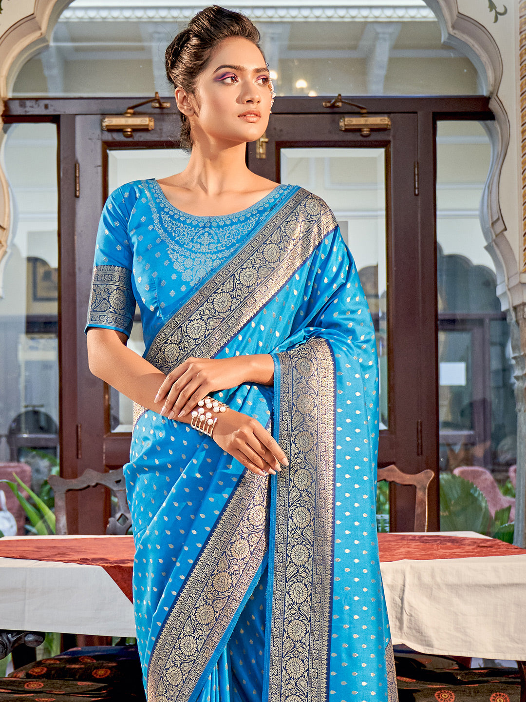 Sky Blue Banarasi Silk Zari Weaving Saree