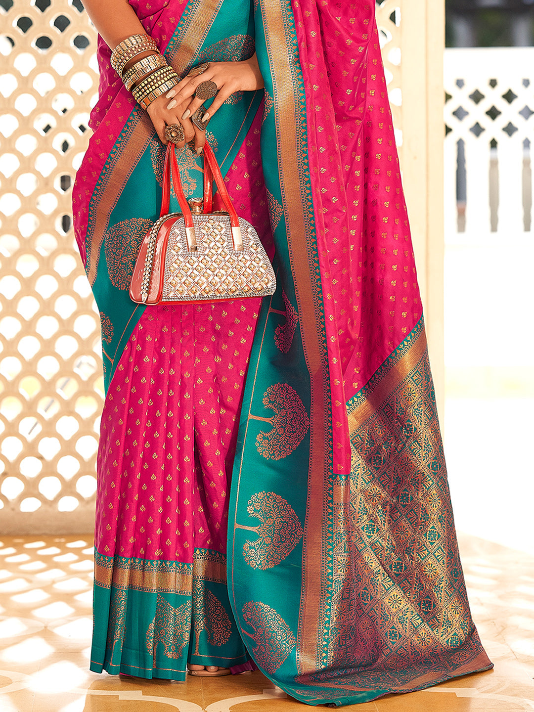 Bright Pink Soft Banarasi Paithani with Copper Zari Weaving Saree