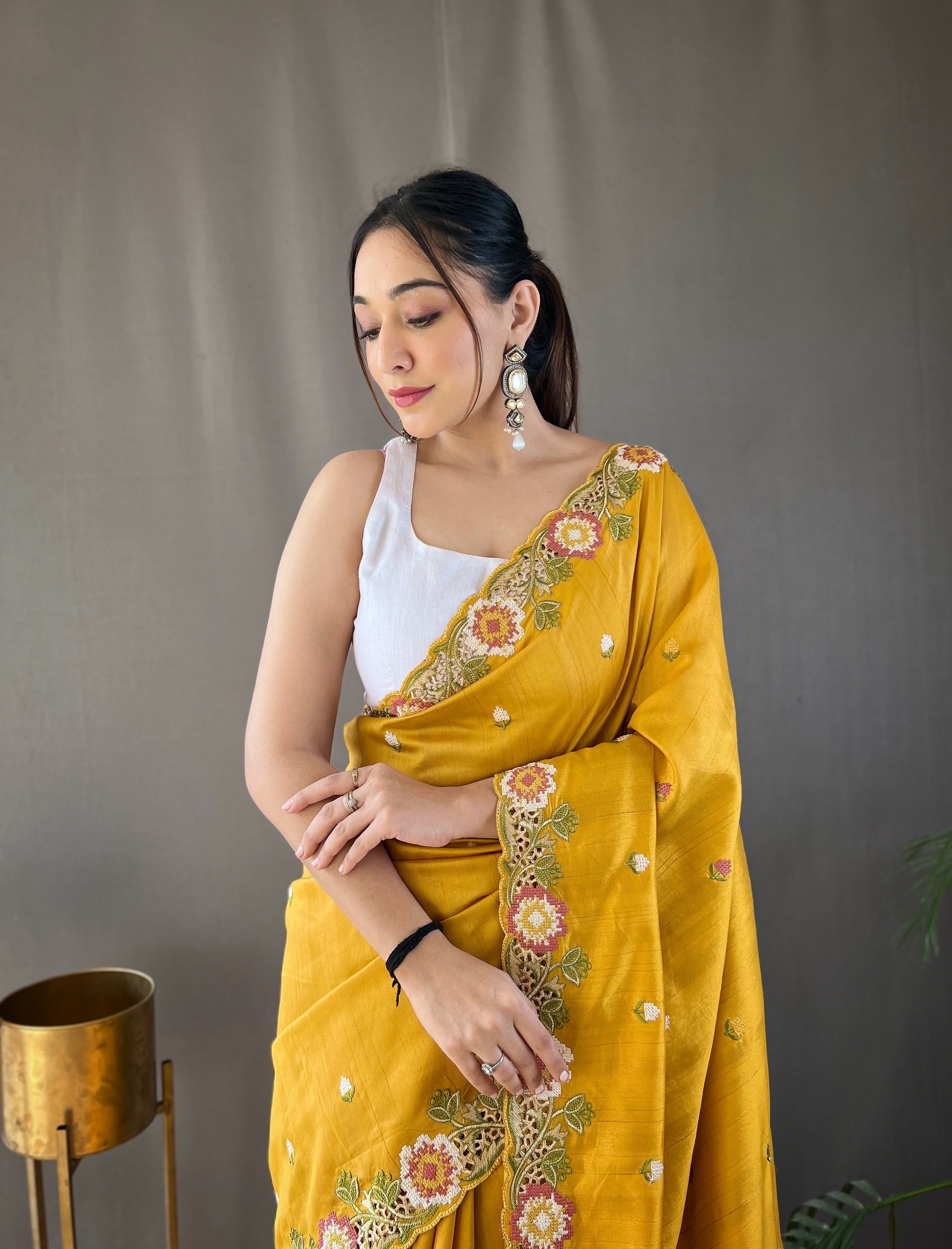 YELLOW Pure Tussar silk SAREE