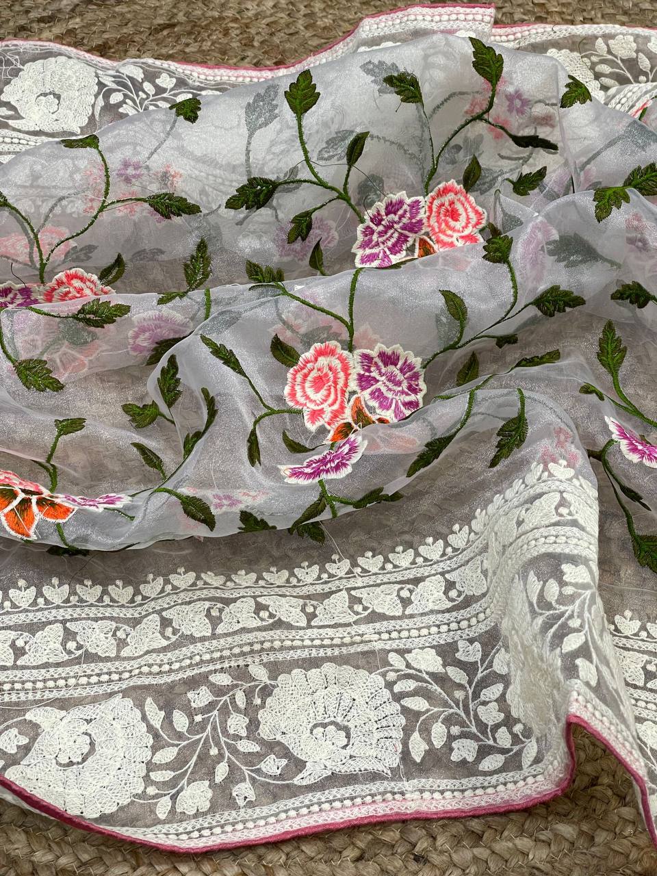 White Organza Saree With Sattin Benglori Blouse