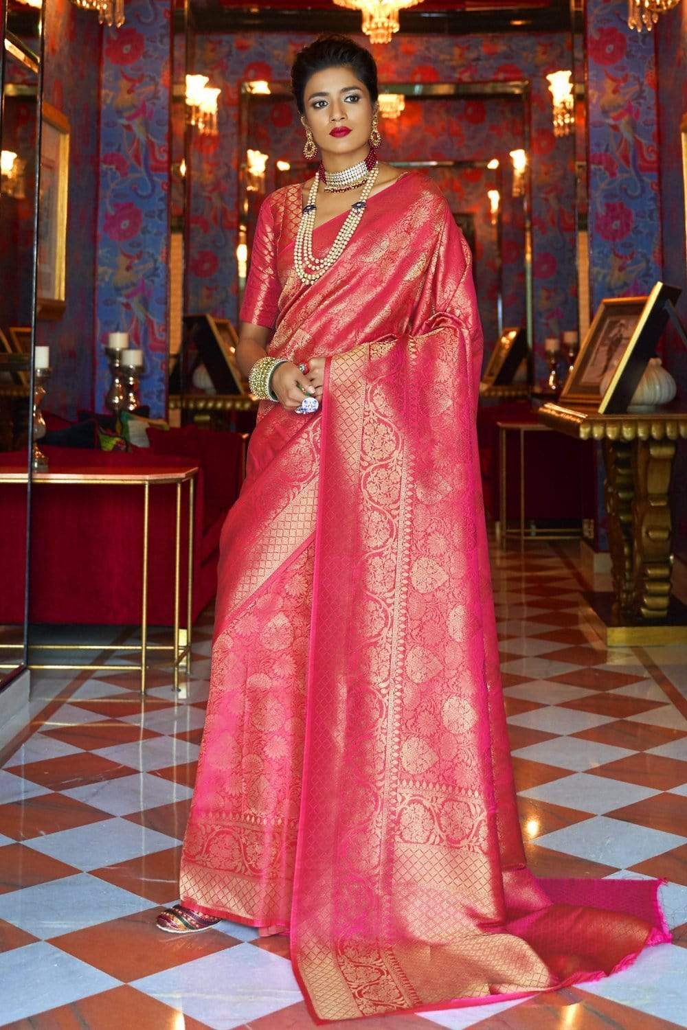 Rose Pink Handcrafted Kanjivaram Saree