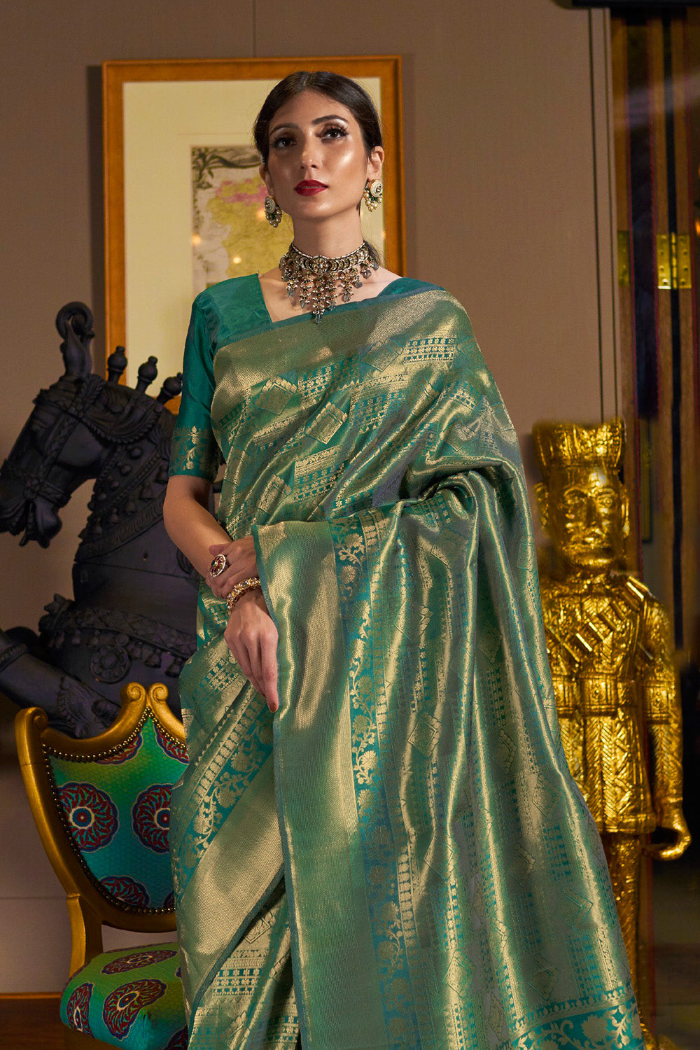 Buy Green Katan Habutai Silk Saree With Blouse Piece Nitaraa