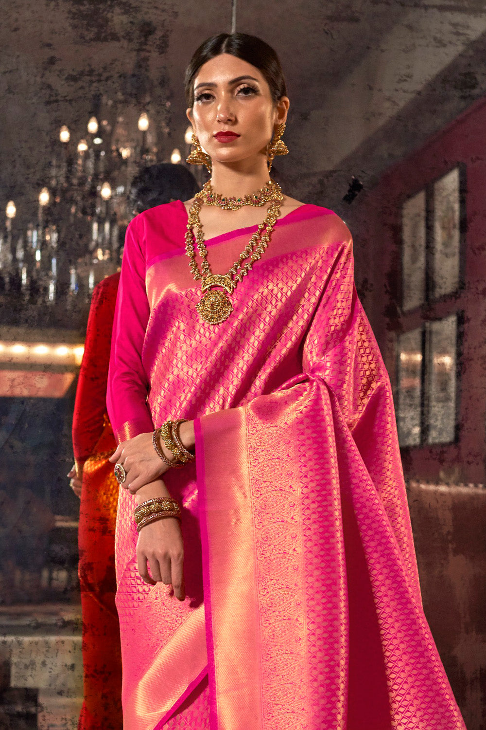 Buy Pink Katan Habutai Silk Saree With Blouse Piece Nitaraa