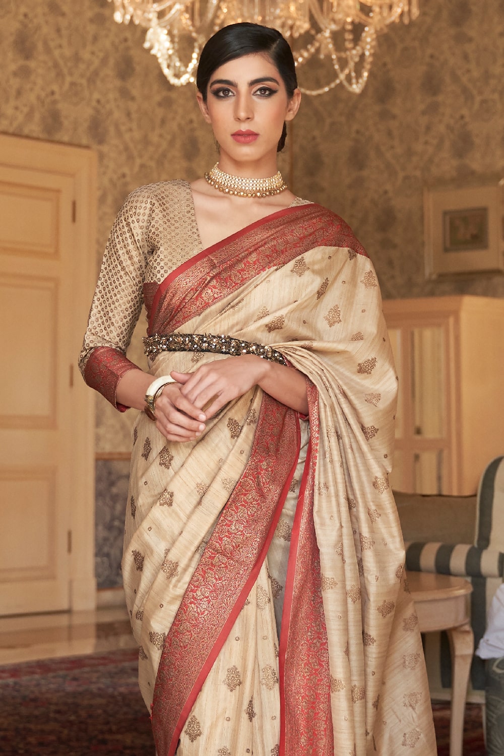 Buy Red Tussar Silk Blend Saree Nitaraa