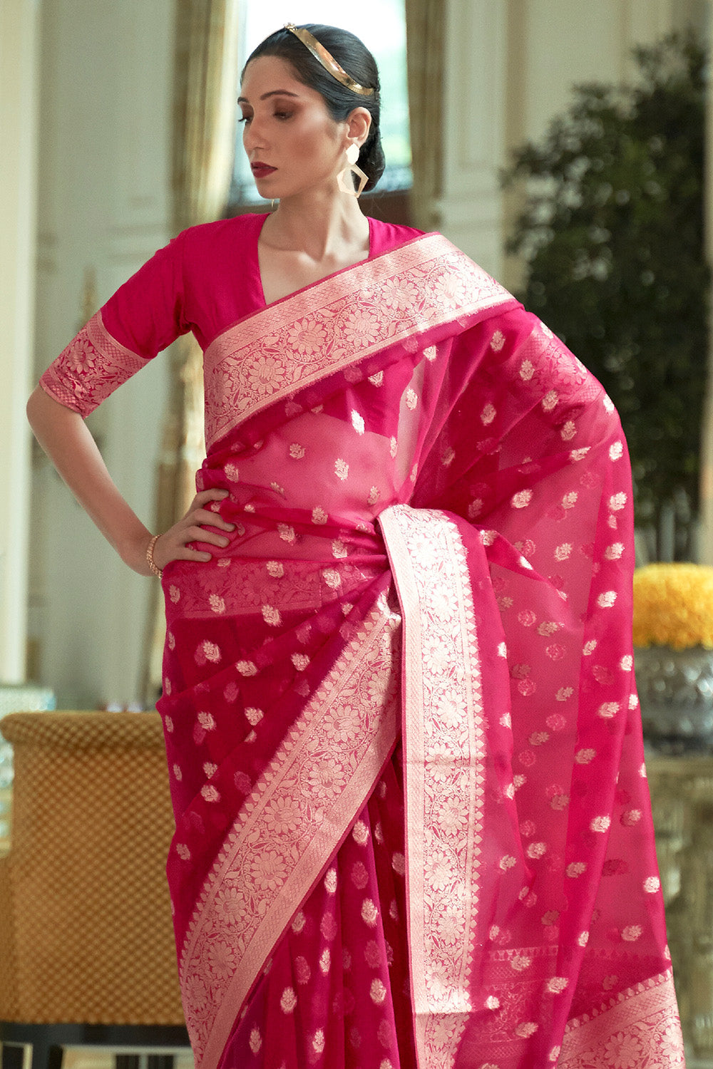 Buy Bright Yellow Banarasi Khaddi Georgette Saree Nitaraa