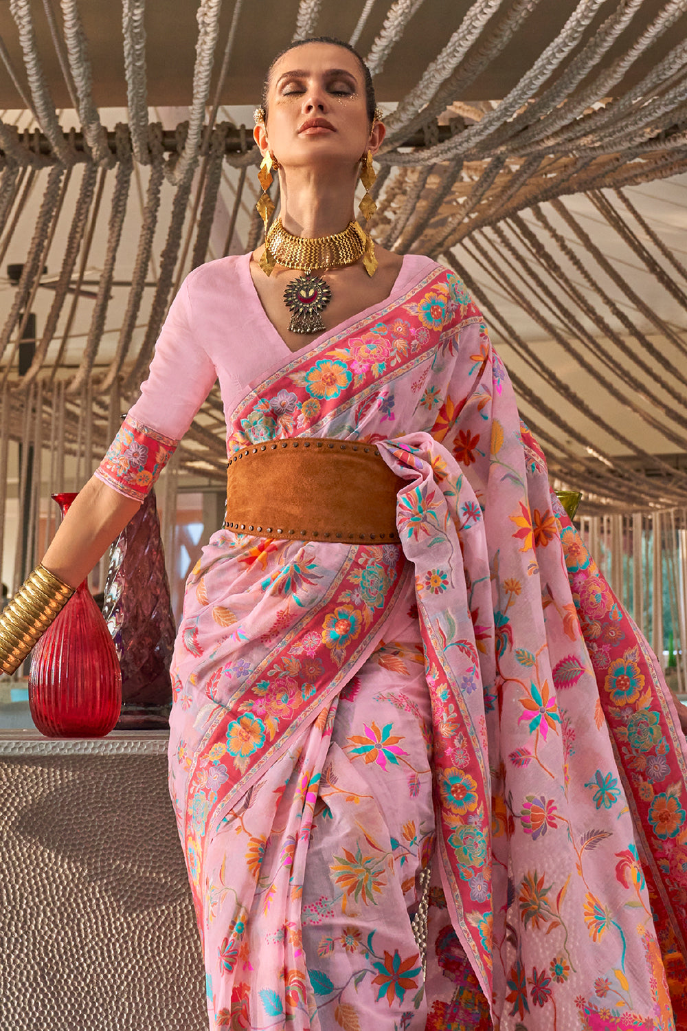 Buy Pink Kashmiri Silk Saree With Blouse Piece Nitaraa