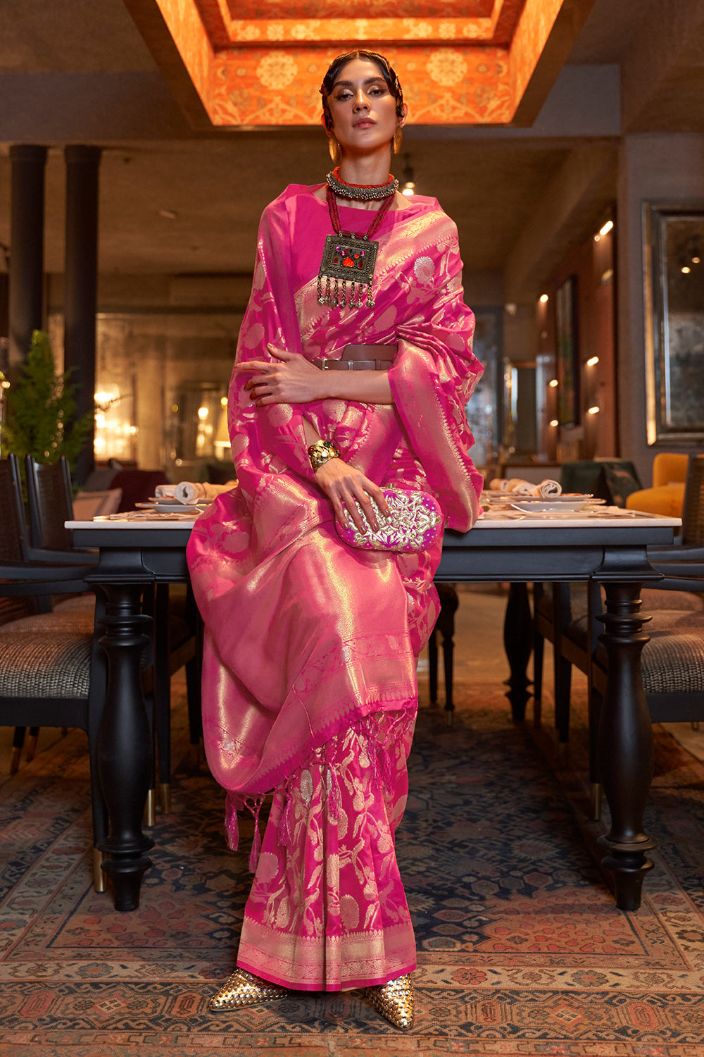 Buy Rose Pink Cotton Lucknawi Saree Nitaraa