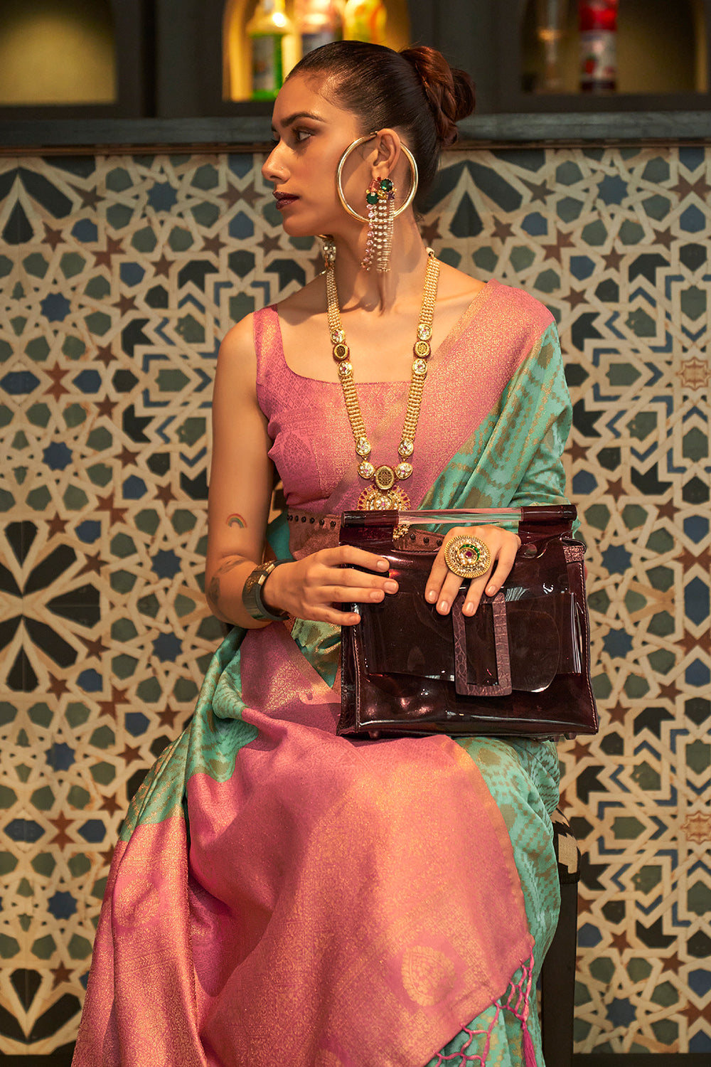 Buy Bottle Green And Red Raw Silk Saree Nitaraa