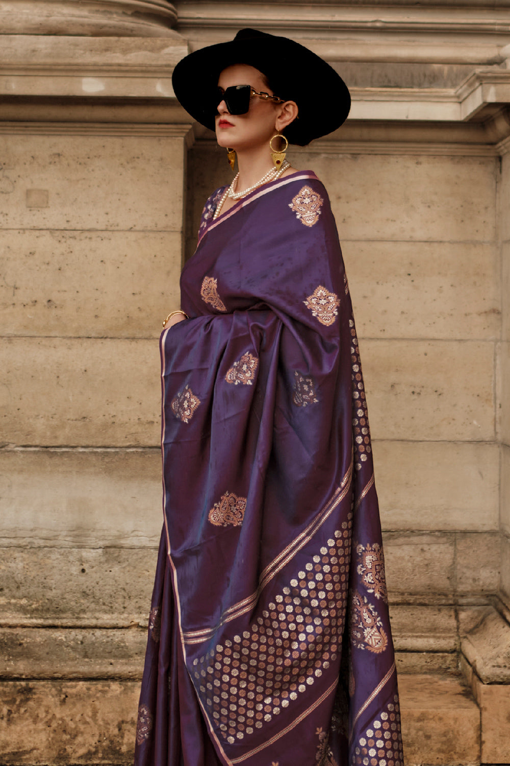 Dark Violet Satin Saree