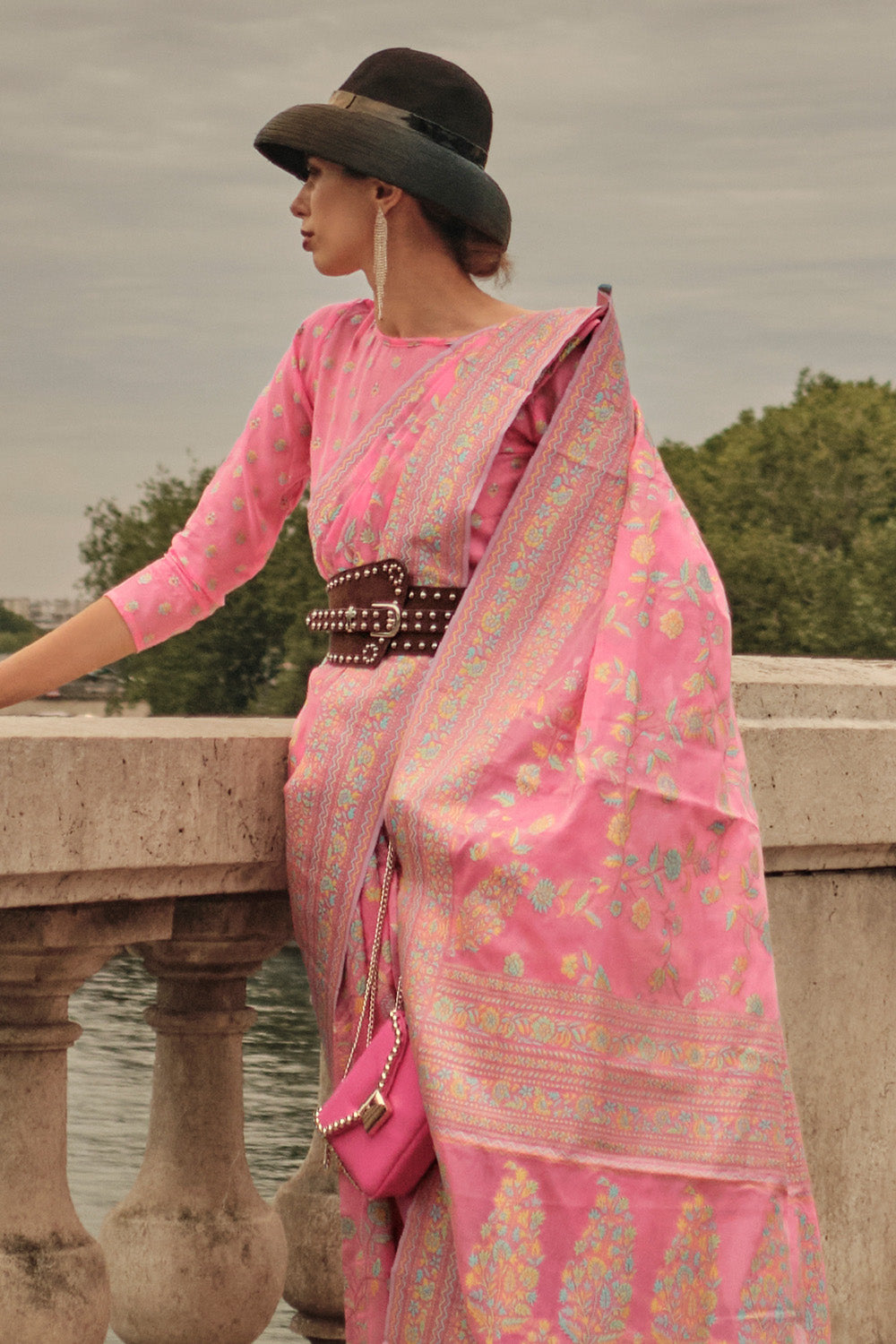 Pink Kashmiri Silk Saree With Blouse Piece