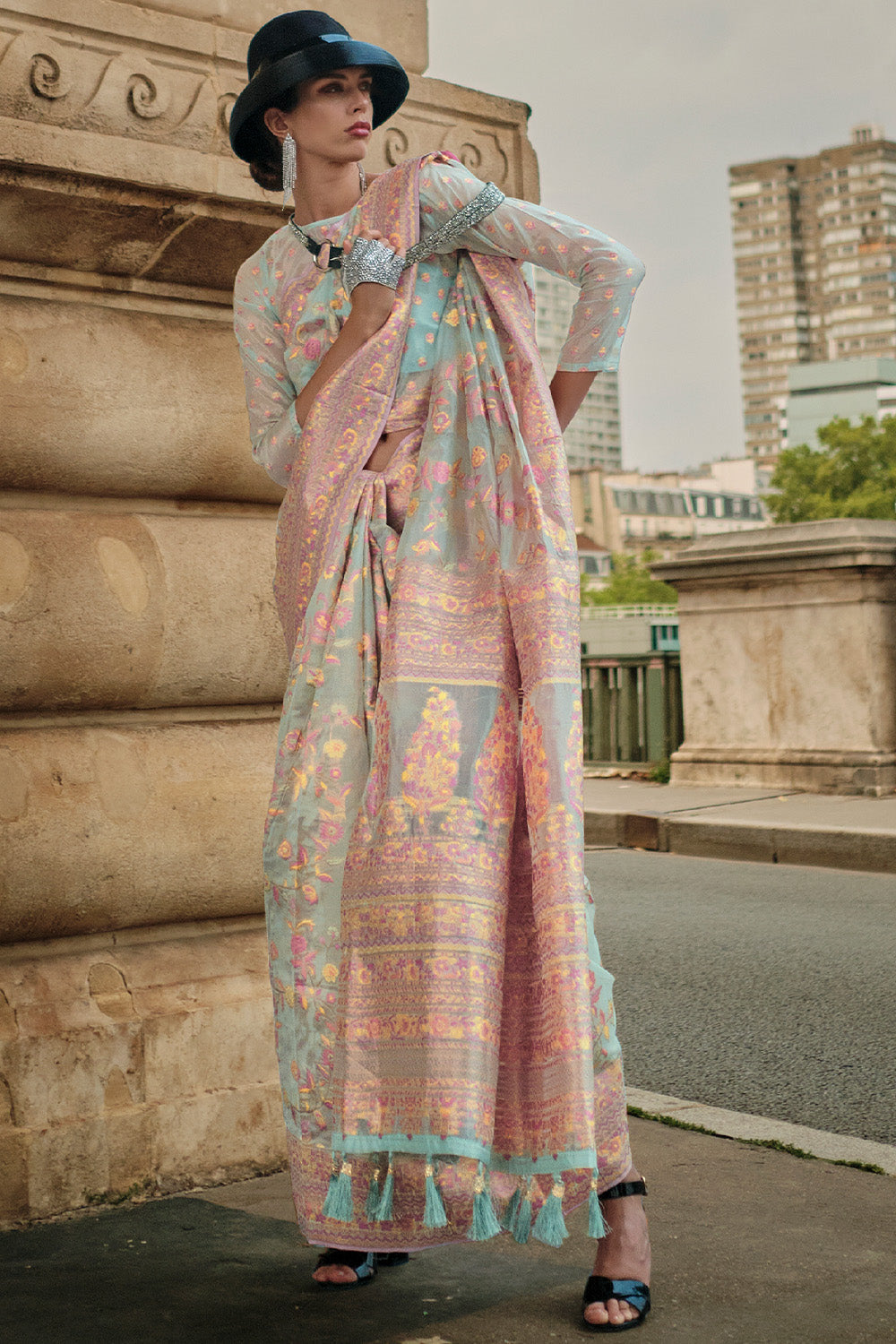 Teal Blue Kashmiri Silk Saree With Blouse Piece