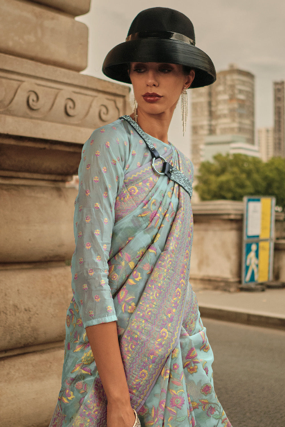 Teal Blue Kashmiri Silk Saree With Blouse Piece