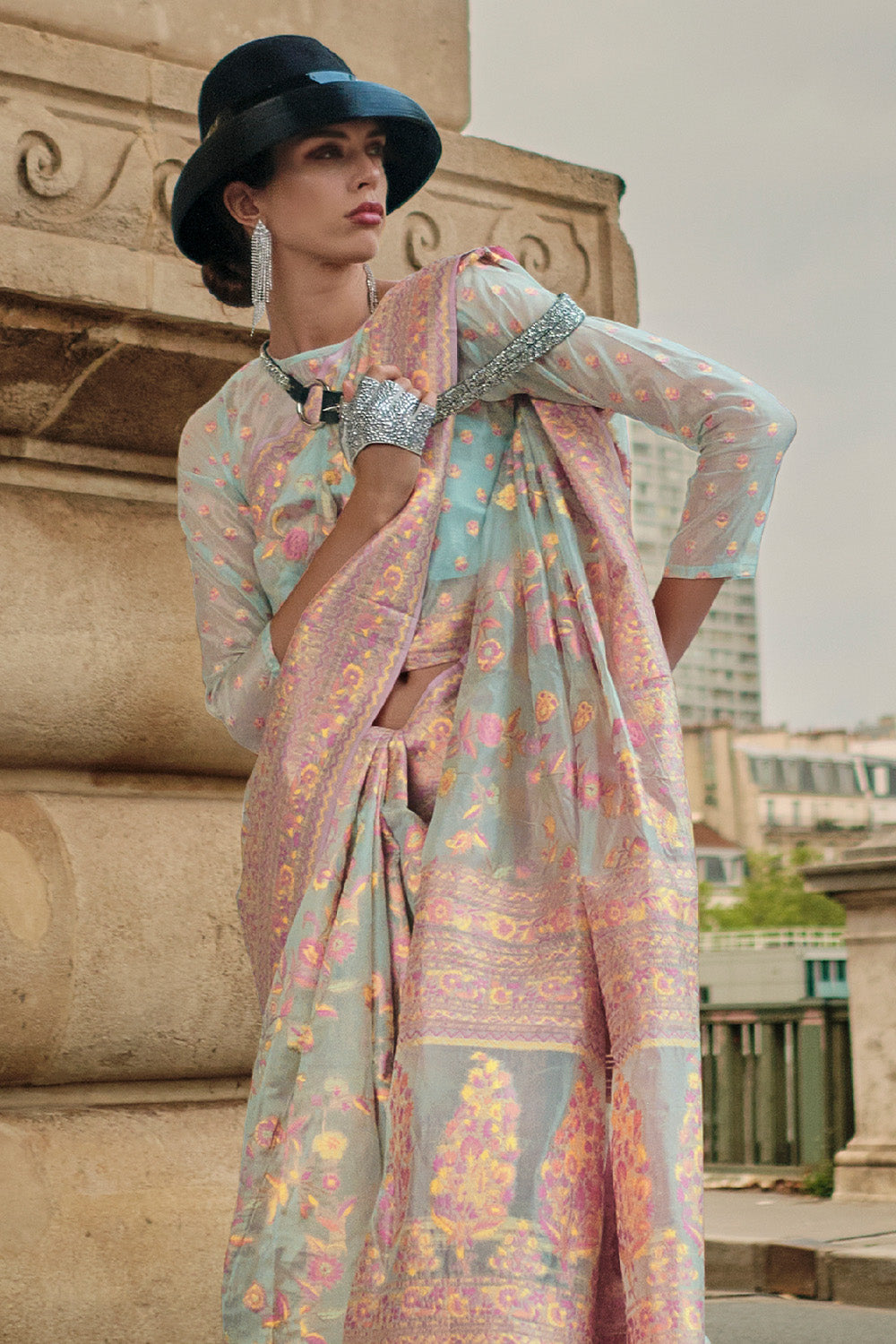 Teal Blue Kashmiri Silk Saree With Blouse Piece