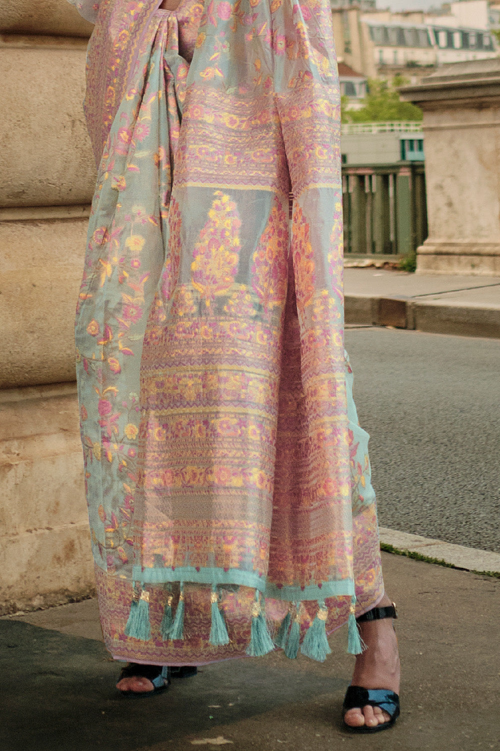 Teal Blue Kashmiri Silk Saree With Blouse Piece
