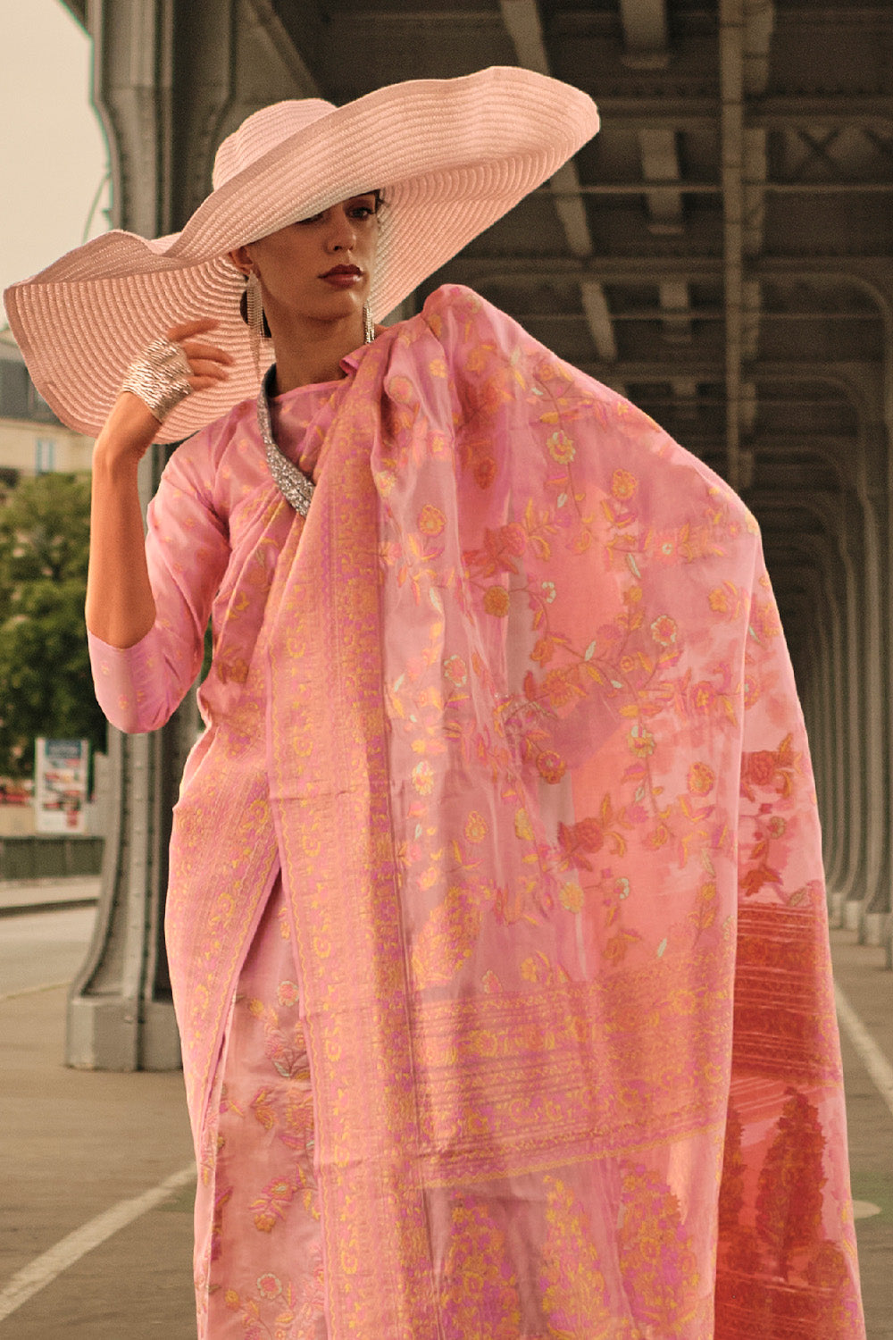 Orange Kashmiri Silk Saree With Blouse Piece