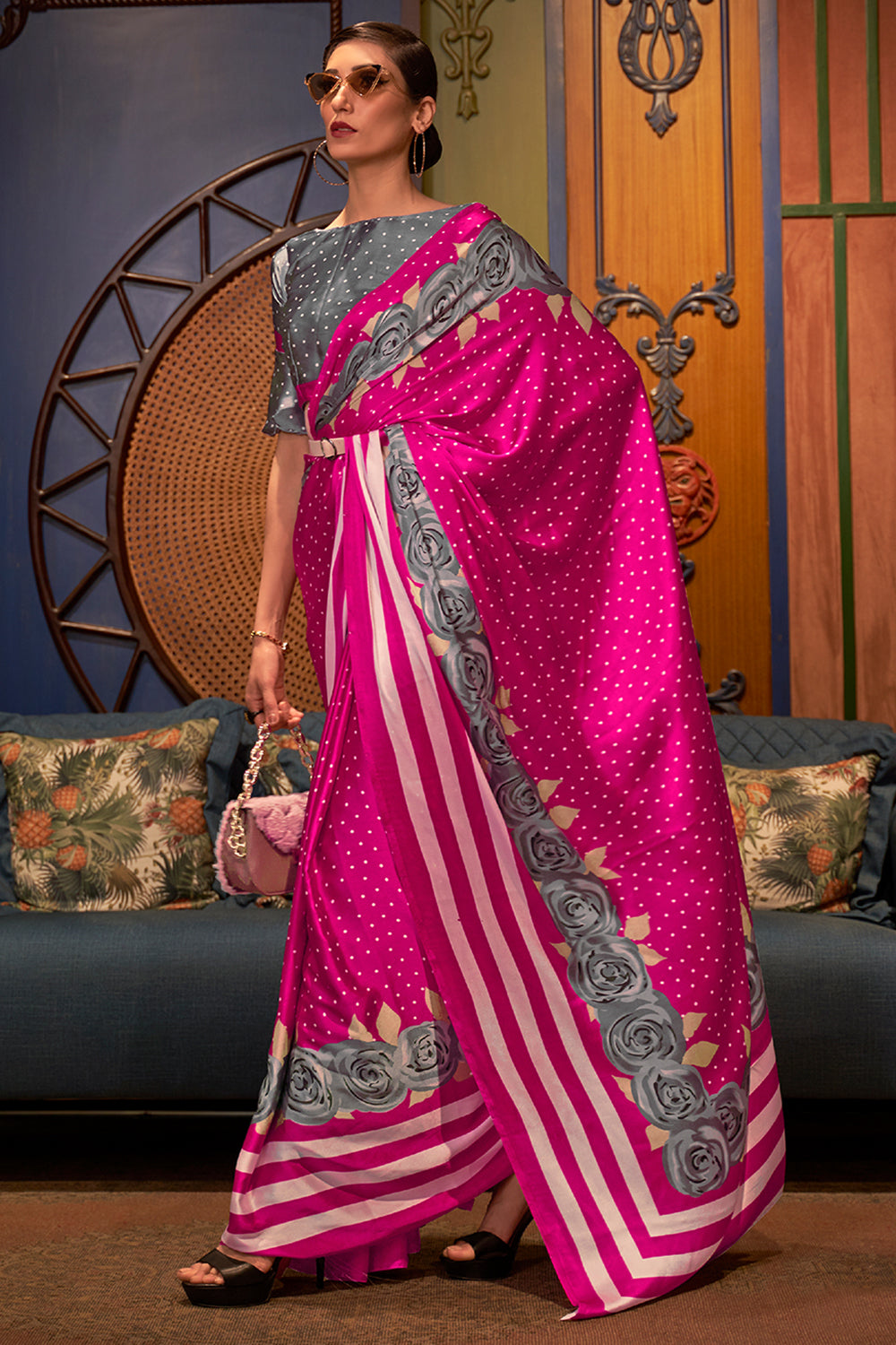 Buy Coral Pink Satin Saree Nitaraa