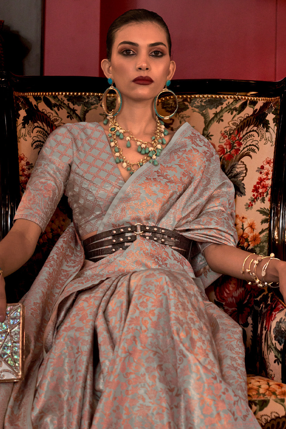 Teal Grey Zari based Silk Saree With Blouse Piece