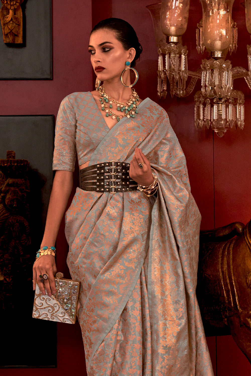 Teal Grey Zari based Silk Saree With Blouse Piece