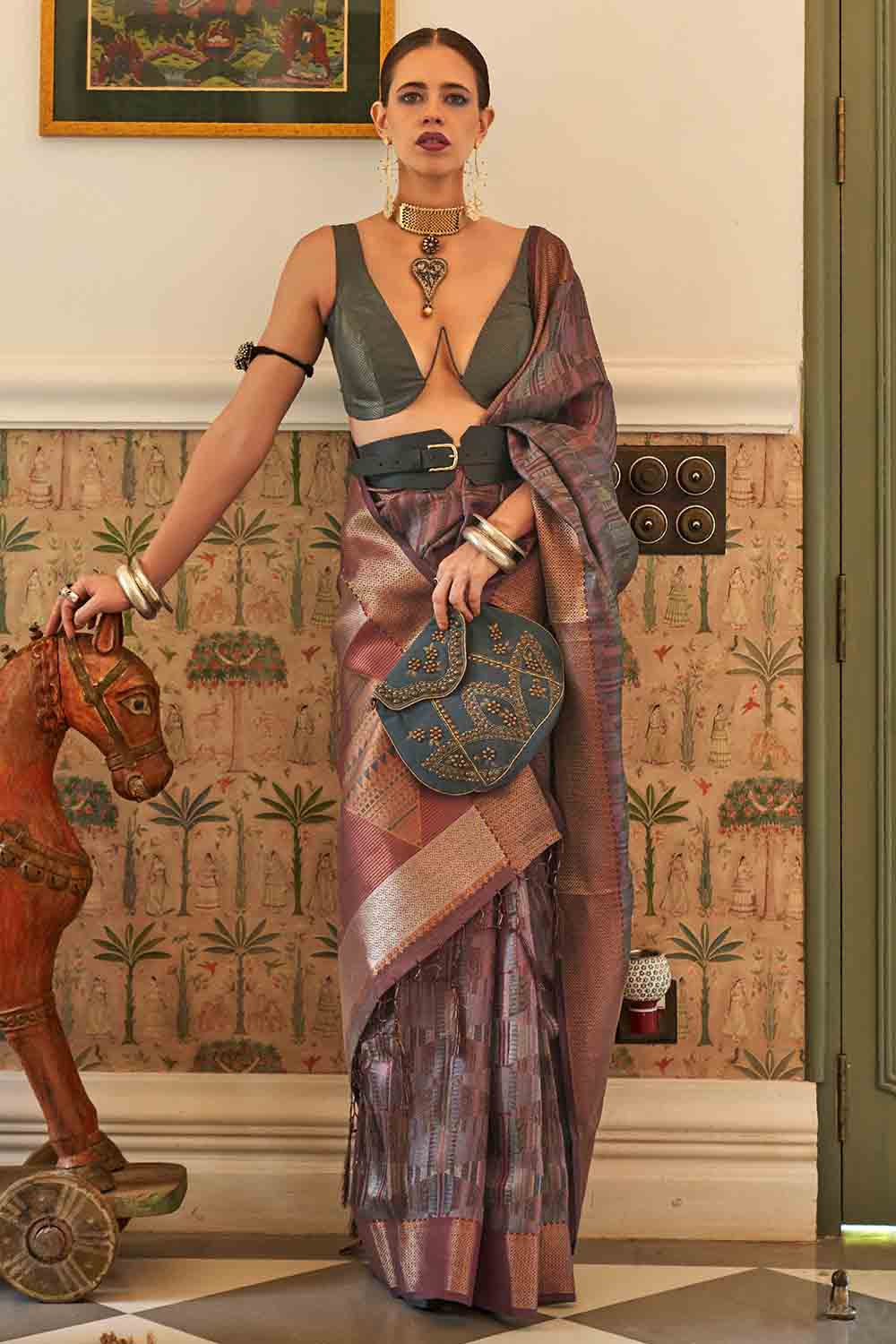 Buy Navy Blue And Red Banarasi Saree Nitaraa