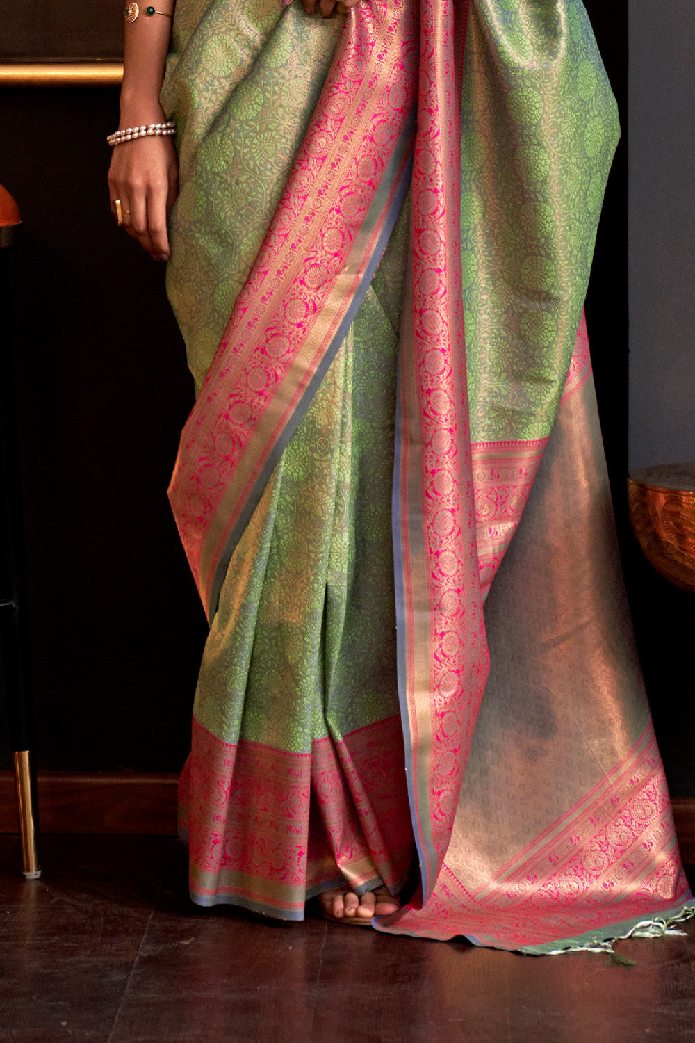 Parrot Green Silk Saree With Blouse Piece