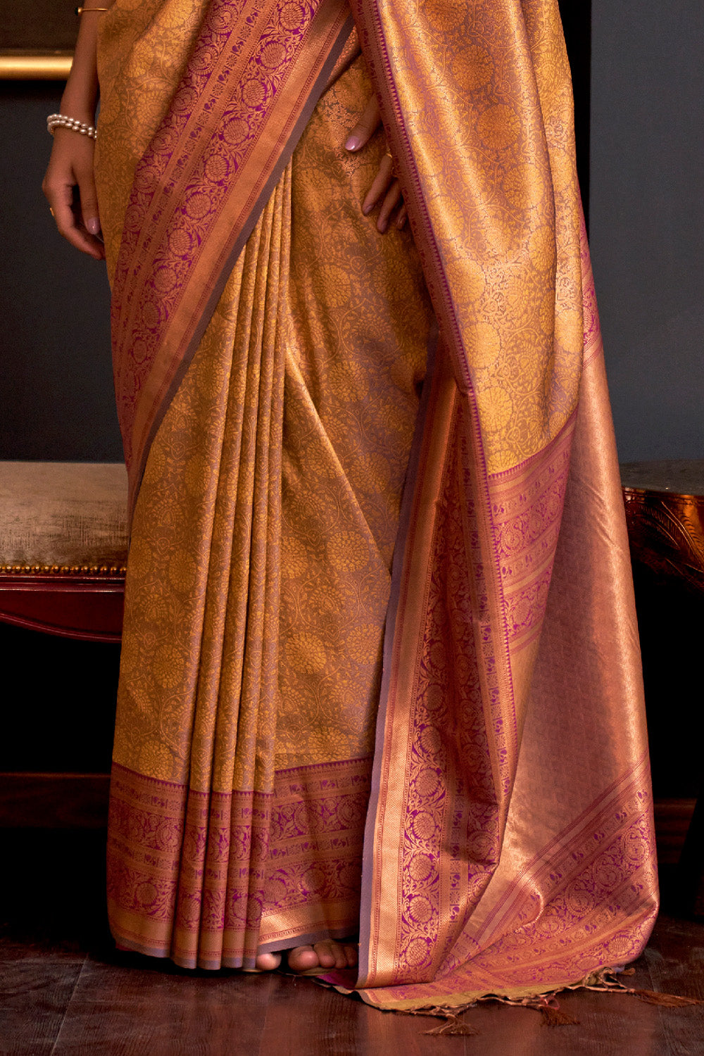 golden Silk Saree With Blouse Piece
