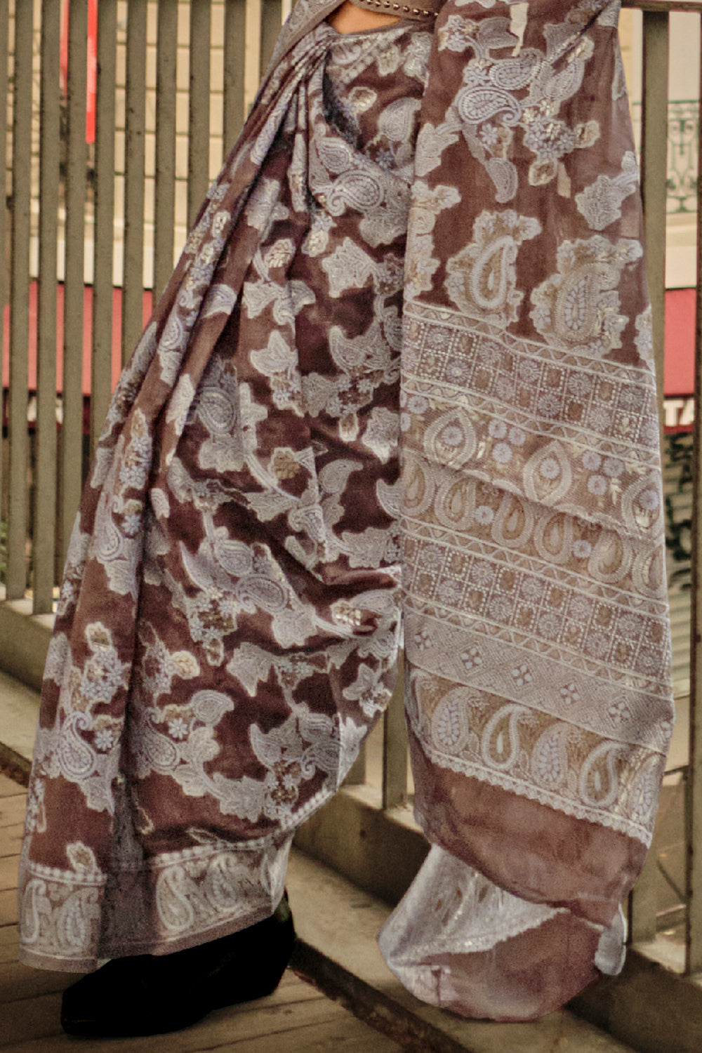 Brown Chickankari Organza Saree