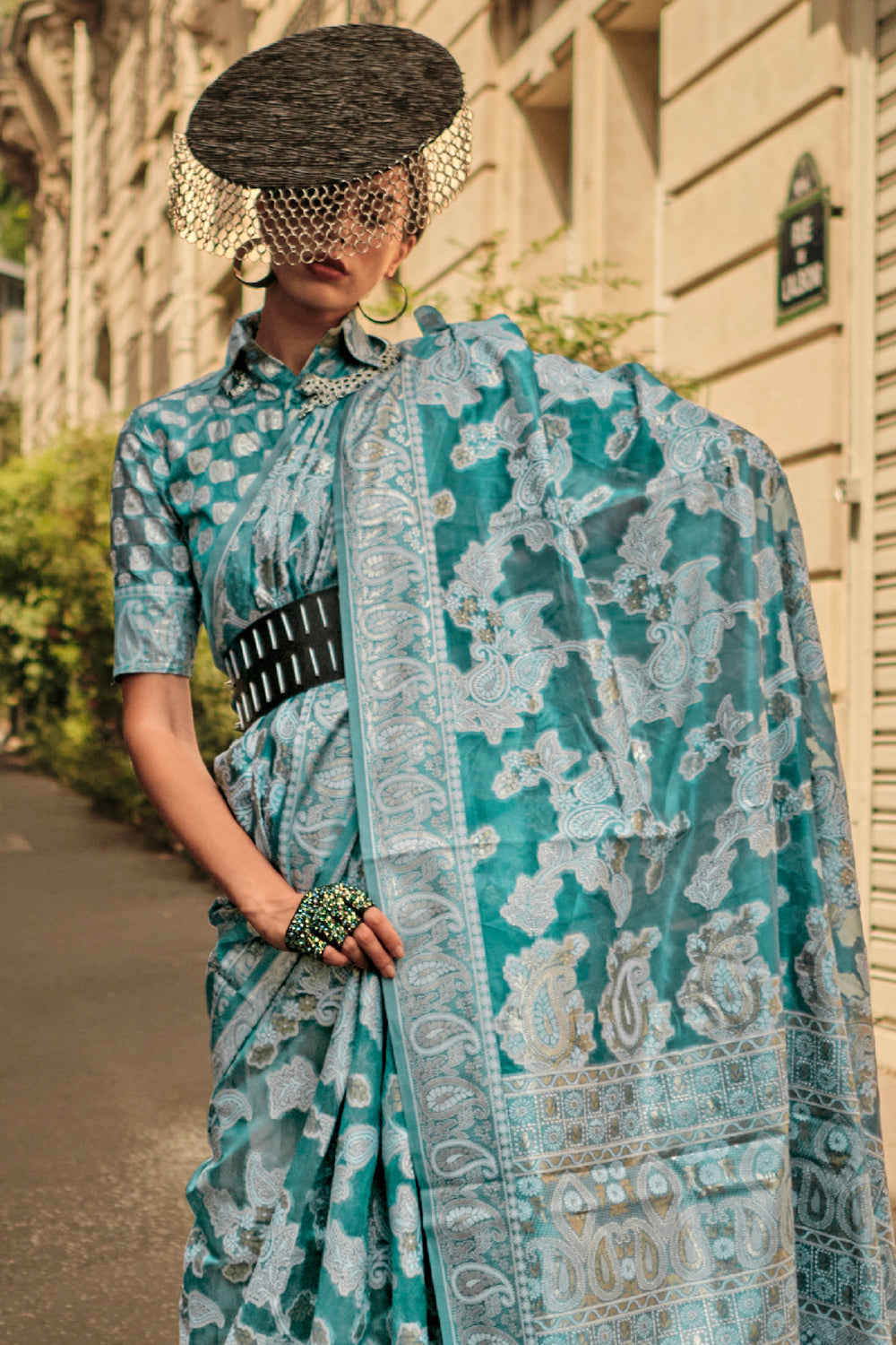 Bottle Green Chickankari Organza Saree