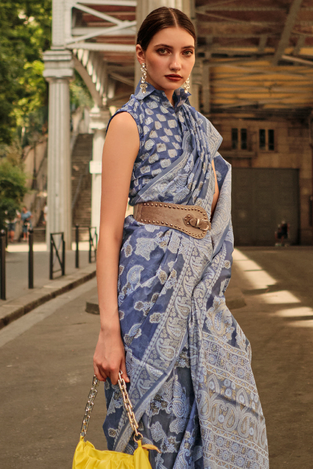 Navy Blue Chickankari Organza Saree