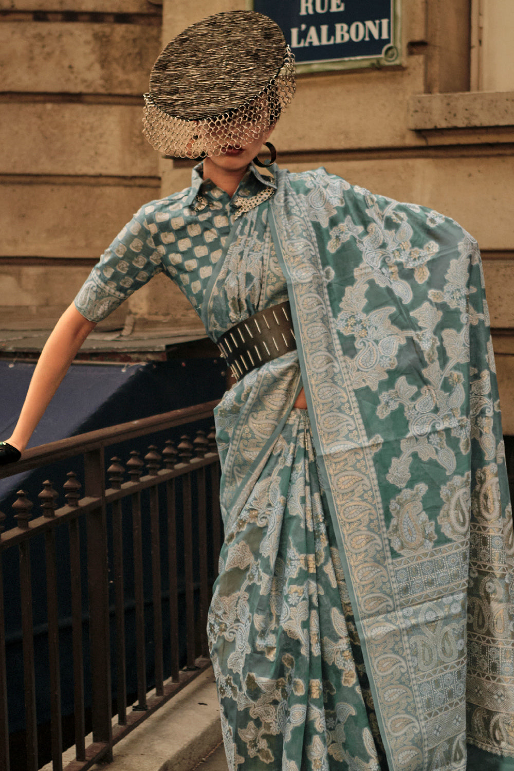 Forest Green Chickankari Organza Saree