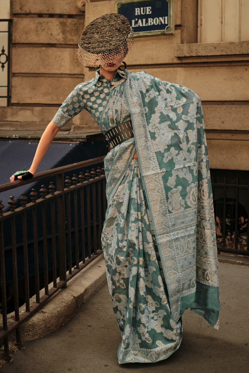 Forest Green Chickankari Organza Saree