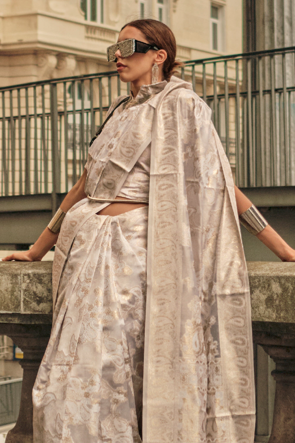 Off White Chickankari Organza Saree