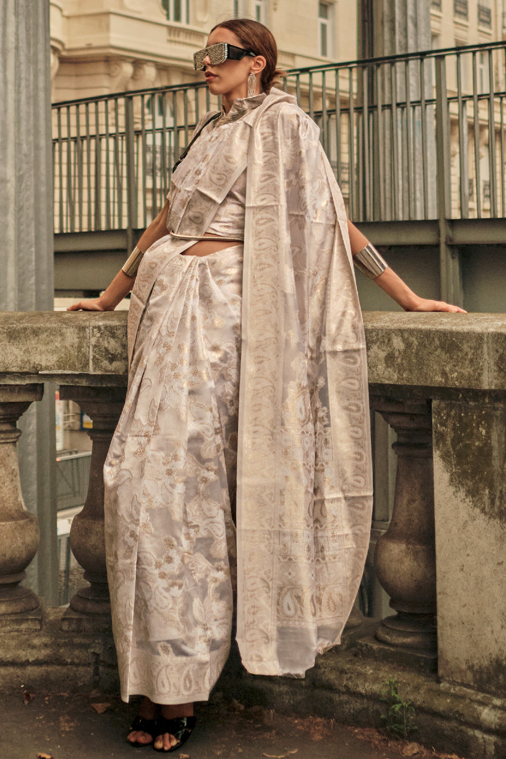 Off White Chickankari Organza Saree