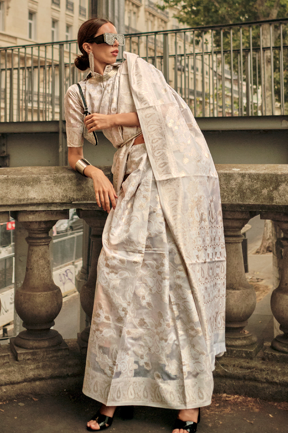 Off White Chickankari Organza Saree