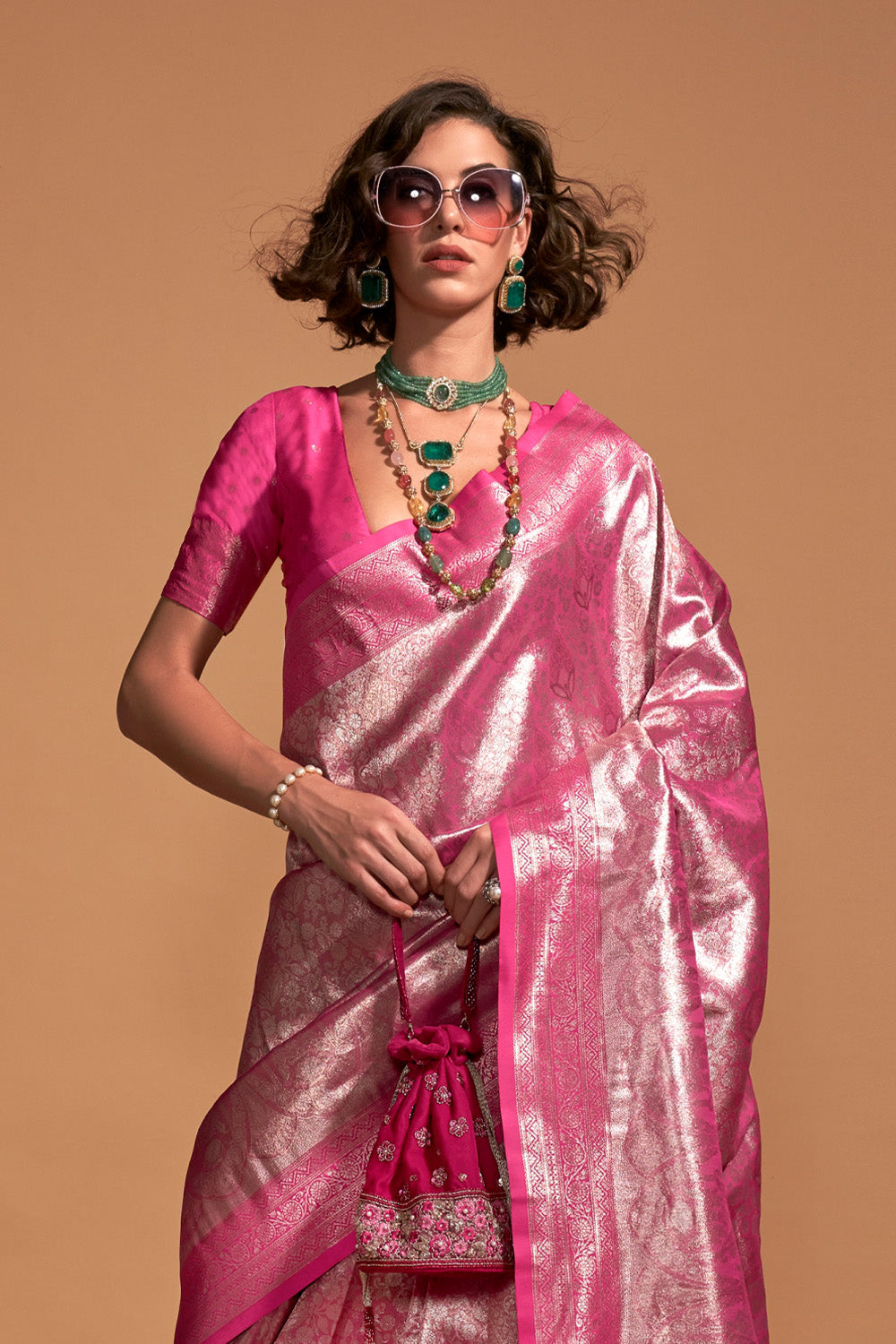 Pink Silk Saree With Blouse Piece