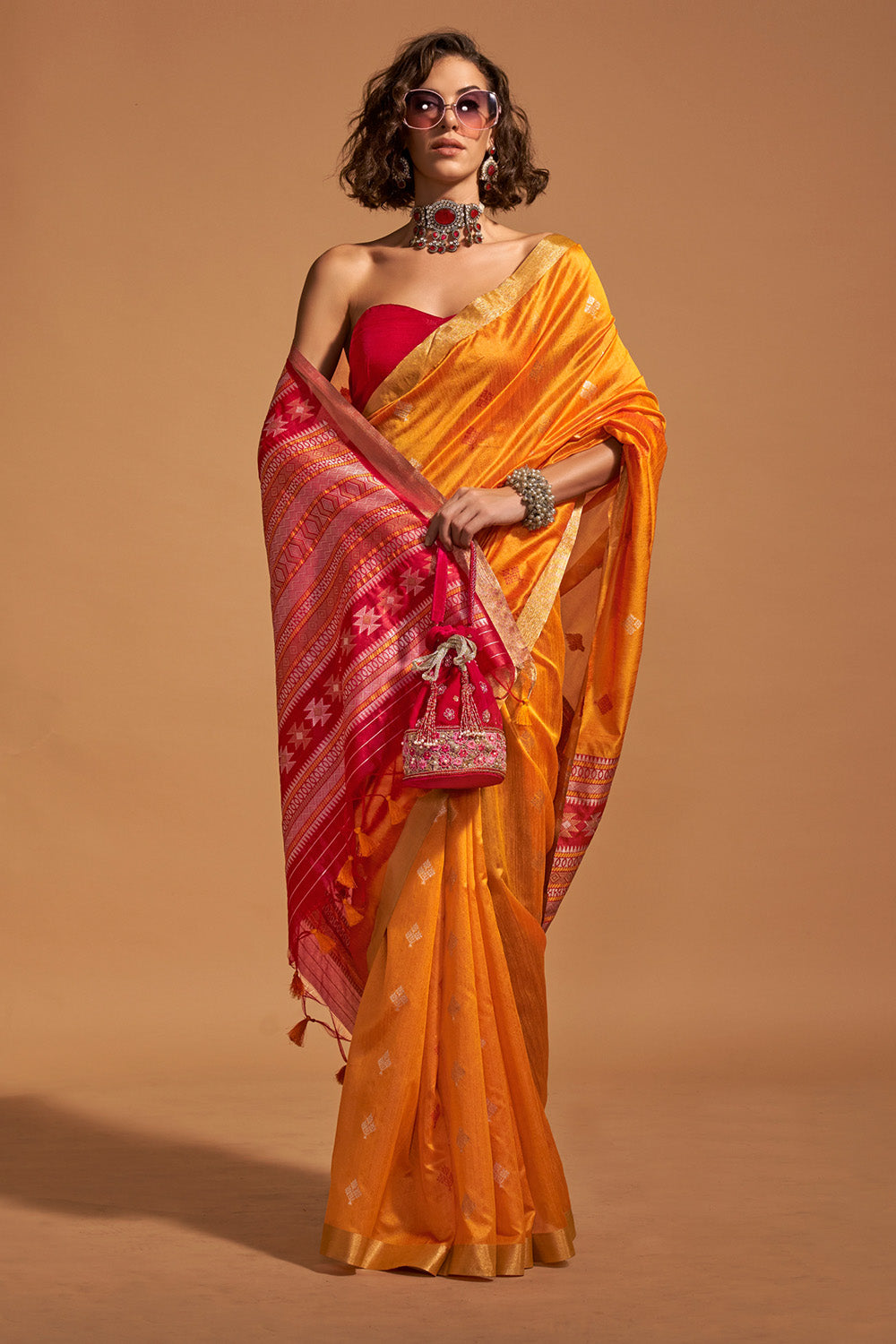 Orange Banarasi Silk Saree With Blouse Piece