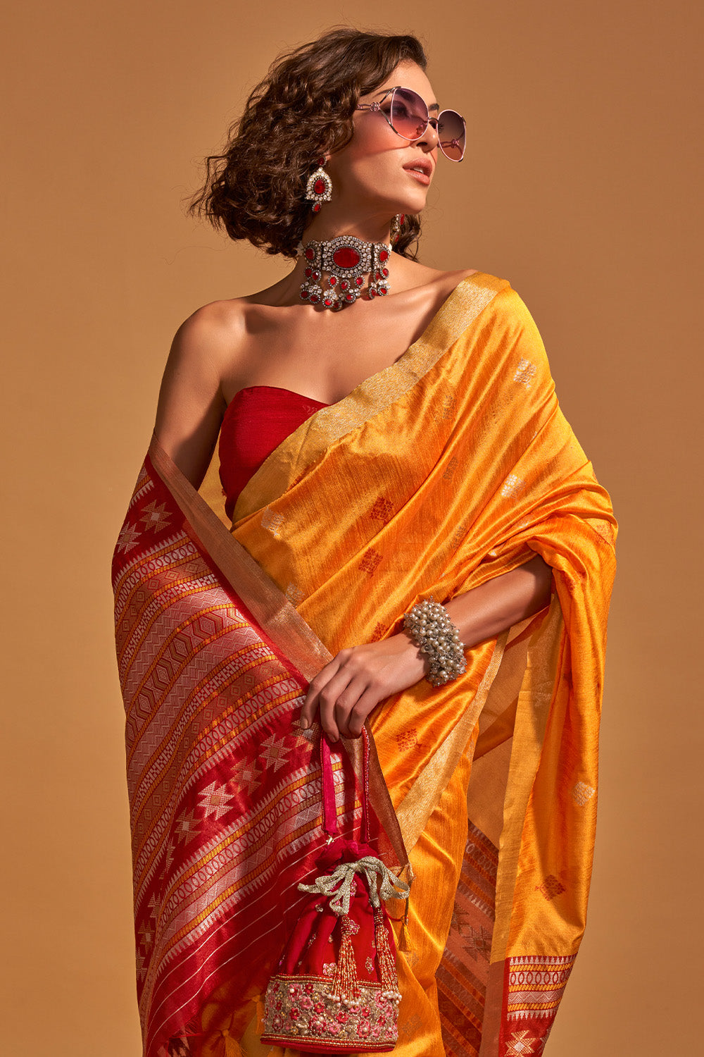 Orange Banarasi Silk Saree With Blouse Piece