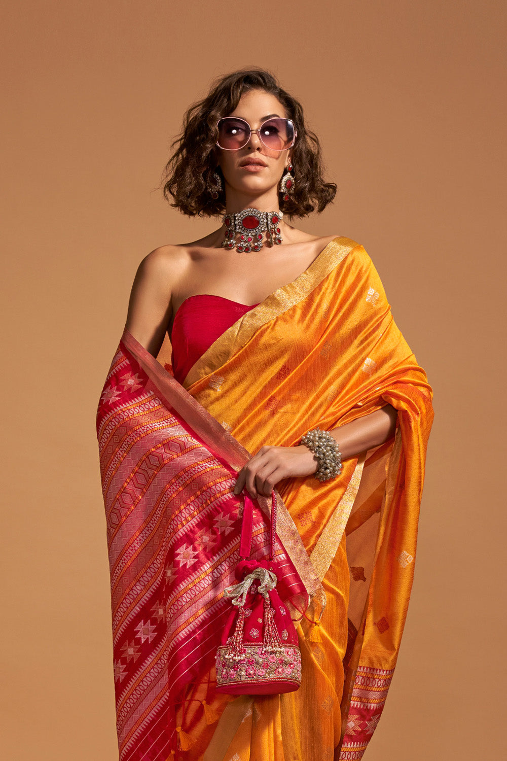 Orange Banarasi Silk Saree With Blouse Piece