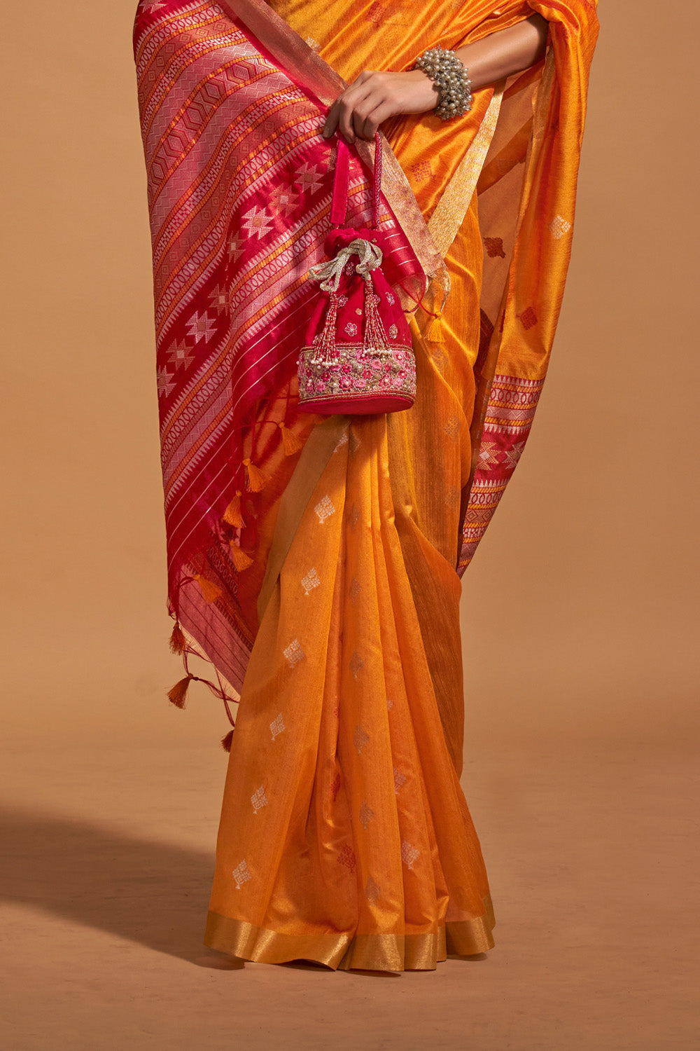 Orange Banarasi Silk Saree With Blouse Piece