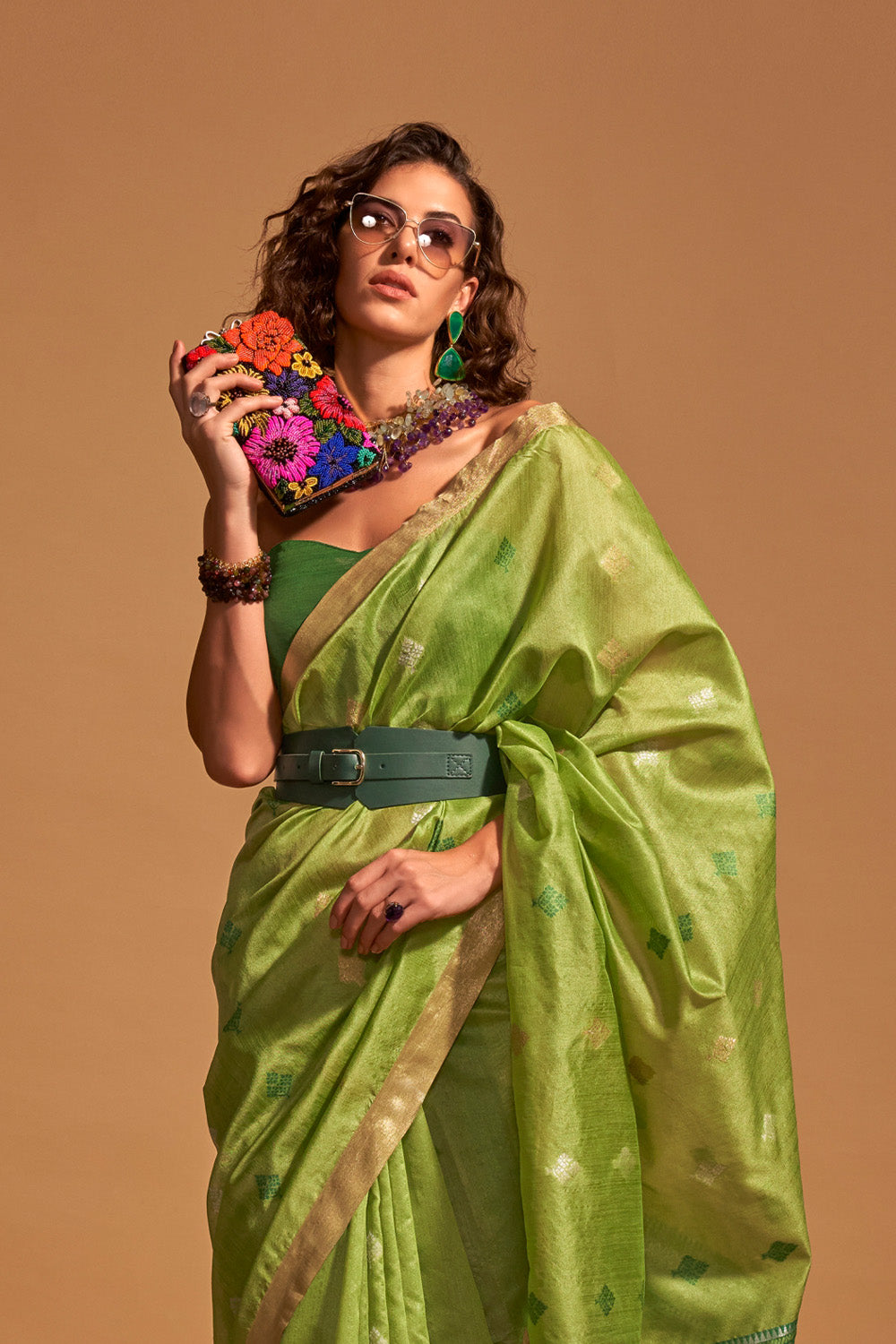 Parrot Green Banarasi Silk Saree With Blouse Piece