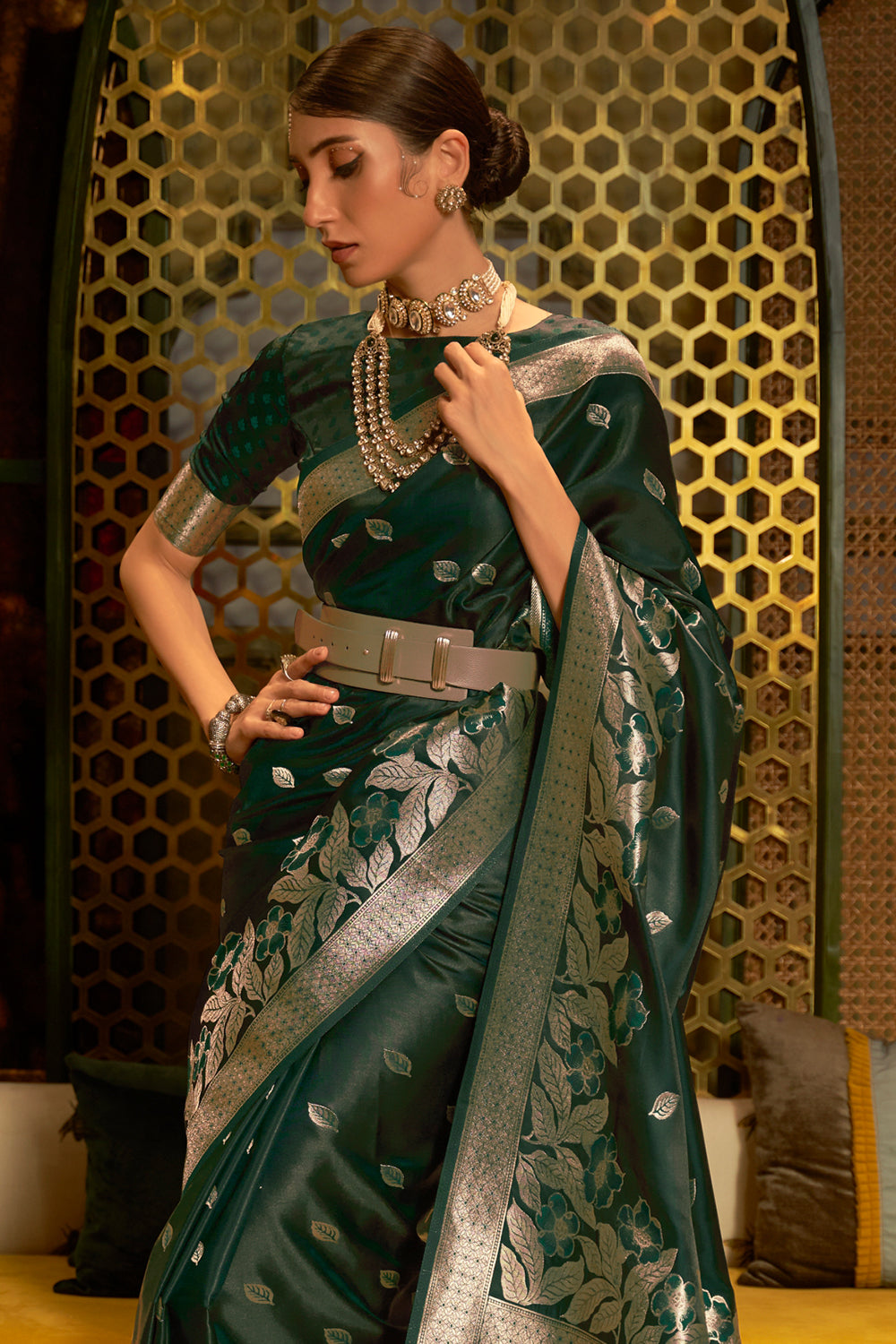 Buy Yellow Satin Banarasi Silk Saree With Blouse Piece Nitaraa